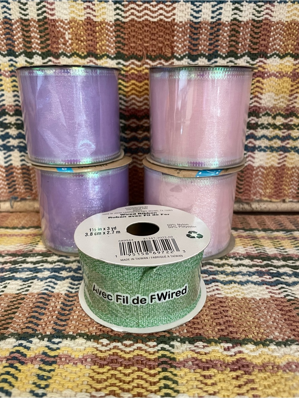 New Wired Iridescent Pink & Purple Organza Ribbon and Green Wired Ribbon Set